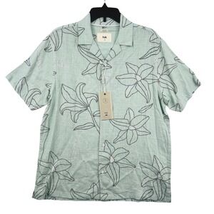 Folk Castmin Shirt Mens M Mint Green Linen Blend Floral Embroidered Camp New